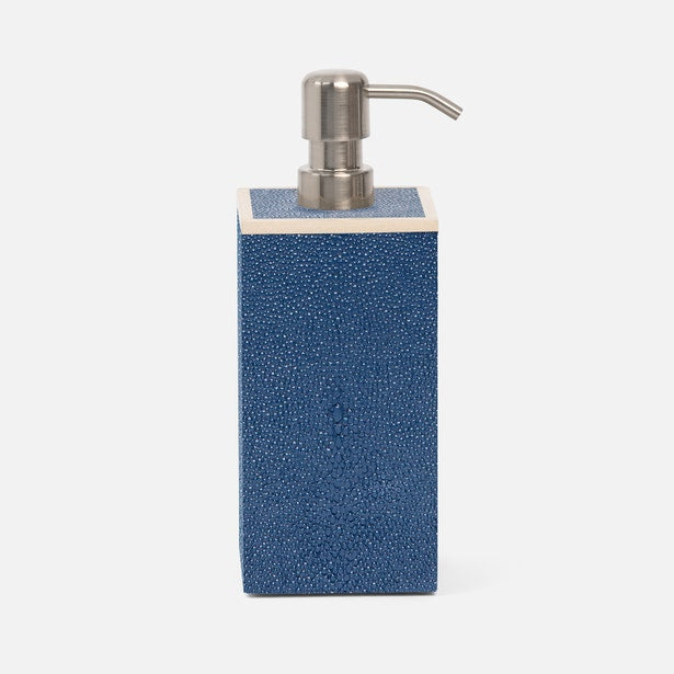 Manchester soap pump in navy shagreen texture with brushed nickel pump dispenser.