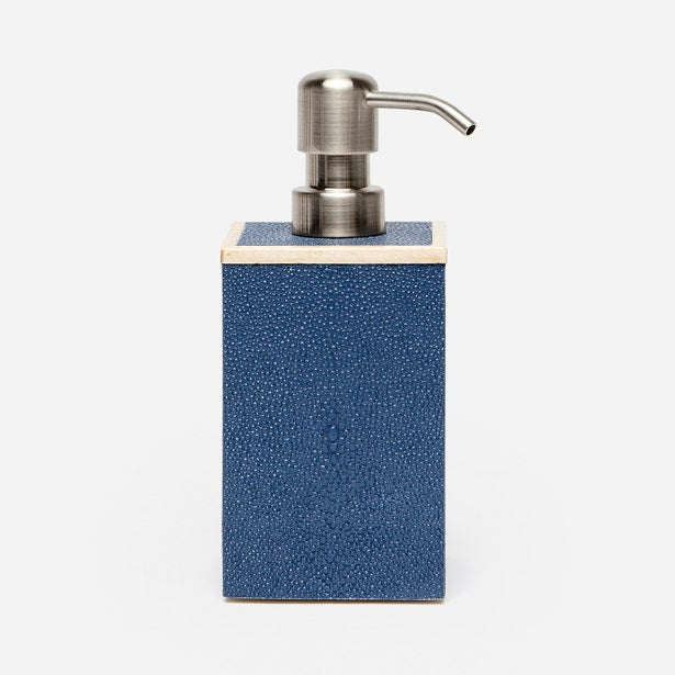 Pigeon & Poodle Manchester soap pump in blue faux shagreen with brushed nickel dispenser top.