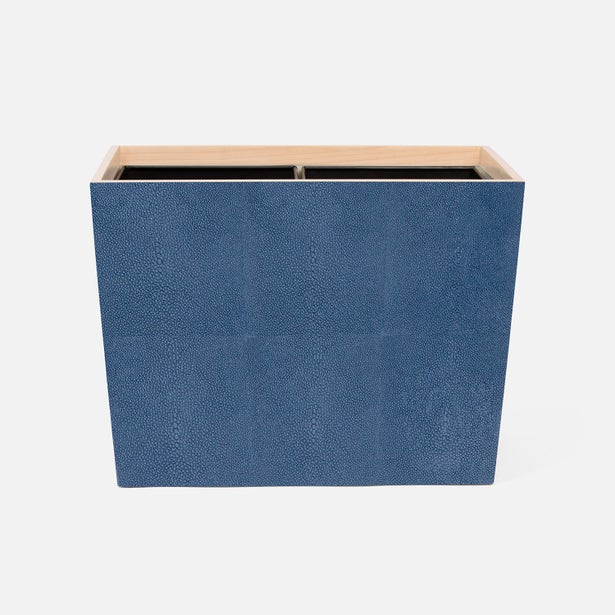 Pigeon & Poodle Manchester wastebasket in blue shagreen texture, natural wood interior visible from above.