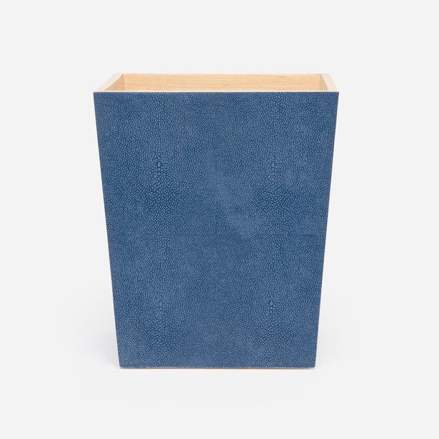 Pigeon & Poodle Manchester wastebasket in blue shagreen texture with natural wood interior rim.