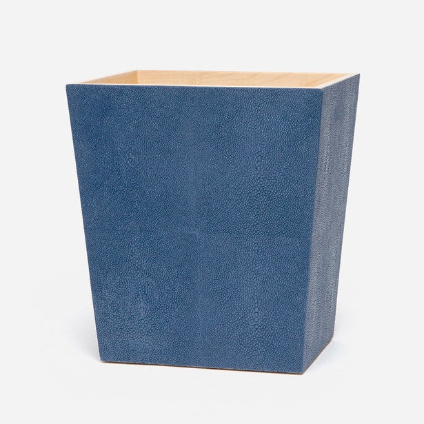 Pigeon & Poodle Manchester wastebasket in blue shagreen texture, cream interior, angled view.