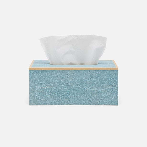 Pigeon & Poodle Manchester tissue box in sky blue faux shagreen with gold trim, front view.