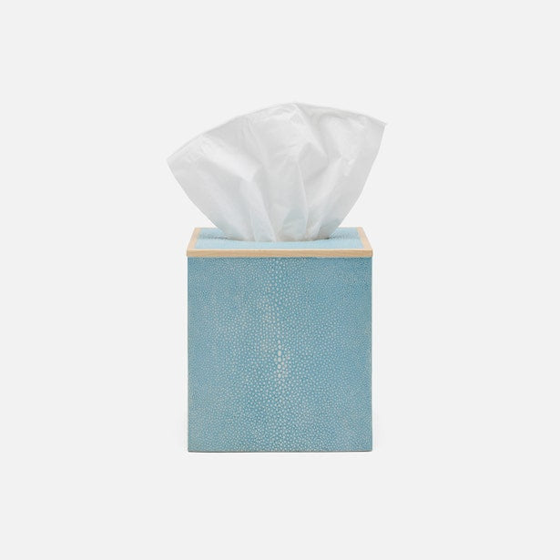 Pigeon & Poodle Manchester tissue box in sky blue shagreen texture with brass lid detail.