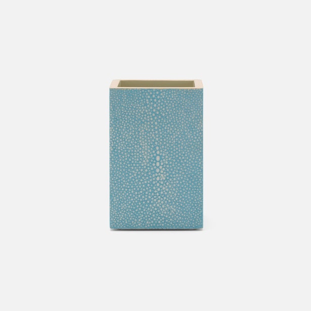 Pigeon & Poodle Manchester brush holder in teal shagreen-embossed finish, ivory interior.
