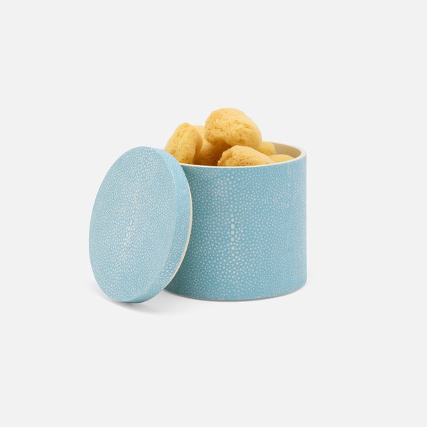Pigeon & Poodle Manchester bath canister in blue, open lid, filled with natural sea sponges.