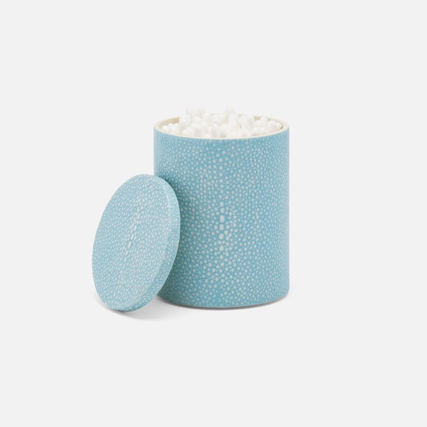 Pigeon & Poodle Manchester bath canister in sky blue shagreen, lid ajar, filled with cotton balls.