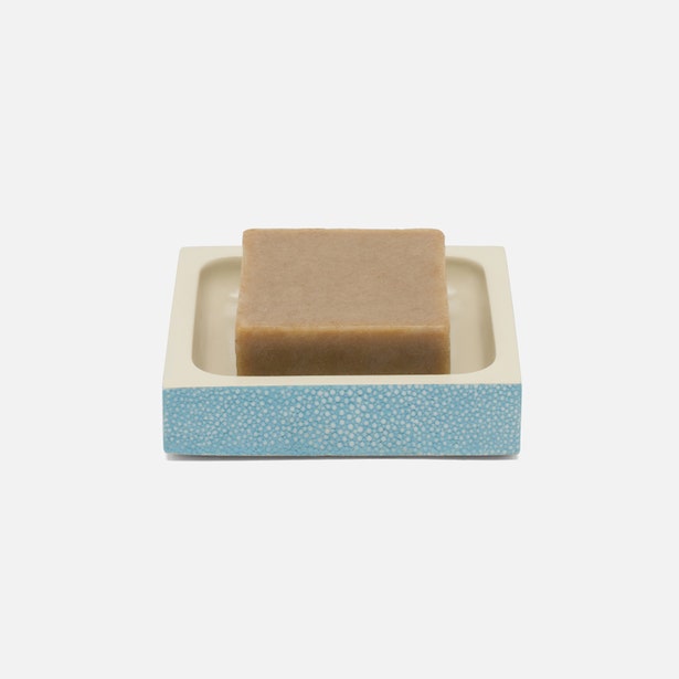 Pigeon & Poodle Manchester soap dish in teal shagreen with a bar of soap resting inside.