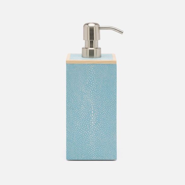 Pigeon & Poodle Manchester soap pump in sky blue shagreen texture with brushed nickel pump.