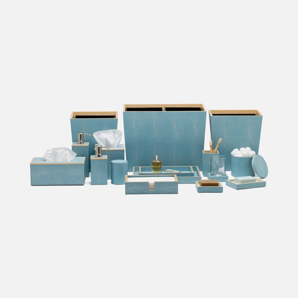 Pigeon & Poodle Manchester bath accessories collection in slate blue with gold trim.
