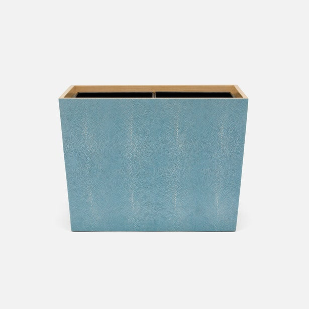 Pigeon & Poodle Manchester wastebasket in teal shagreen texture, gold rim detail, rectangular form.