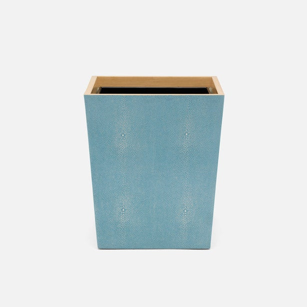 Pigeon & Poodle Manchester wastebasket in teal shagreen texture with natural wood interior trim.