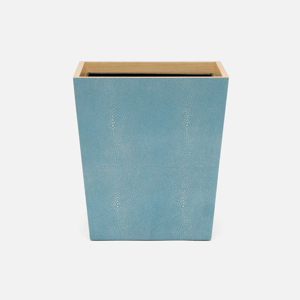 Pigeon & Poodle Manchester wastebasket in teal shagreen texture with natural wood rim.