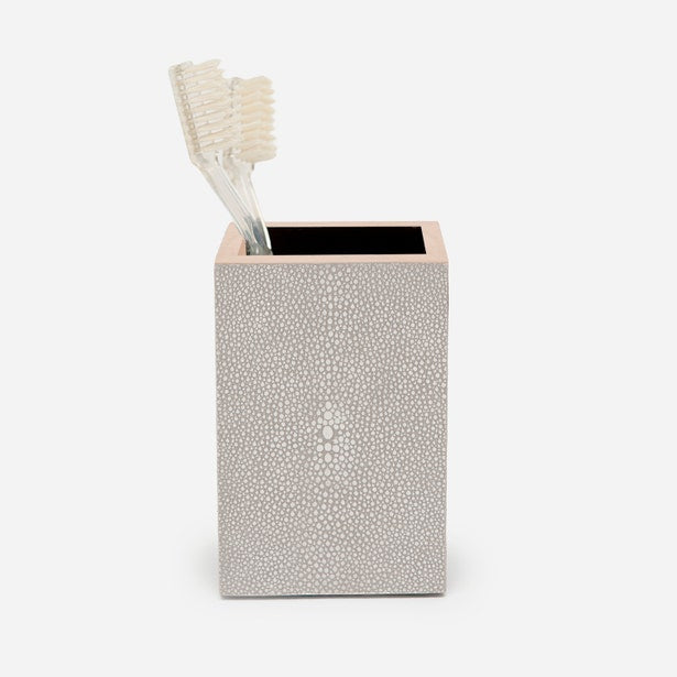 Pigeon & Poodle Manchester brush holder in grey faux shagreen, angled view with toothbrushes.