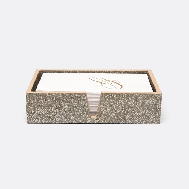 Pigeon & Poodle Manchester hand towel tray in taupe shagreen with monogrammed white towels.