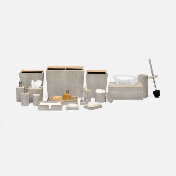 Manchester bath accessory collection in grey shagreen texture with bamboo accents, full set view.