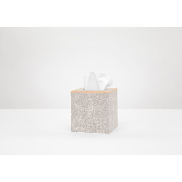 Close-up of Pigeon & Poodle Manchester tissue box in dove grey shagreen with natural wood lid.