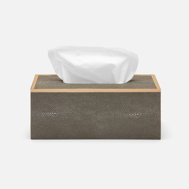 Close-up of Pigeon & Poodle Manchester tissue box in taupe shagreen with gold trim.