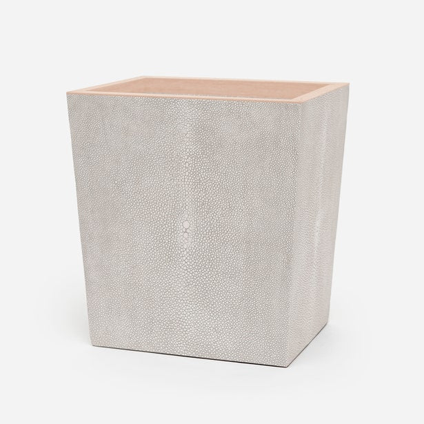 Pigeon & Poodle Manchester wastebasket in grey shagreen texture with blush interior lining.