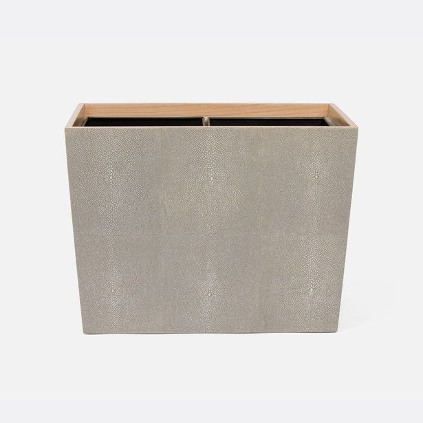 Pigeon & Poodle Manchester wastebasket in gray faux shagreen, rectangular form with bamboo rim detail.