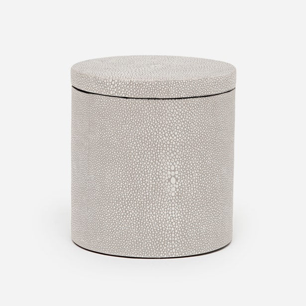 Pigeon & Poodle Manchester bath canister in grey shagreen texture, side and lid view.