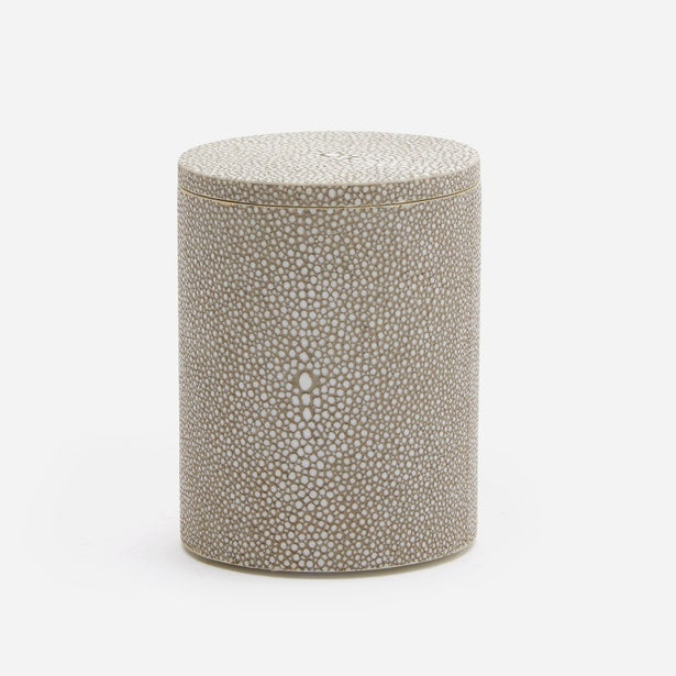 Close-up of Pigeon & Poodle Manchester bath canister in grey faux shagreen texture.
