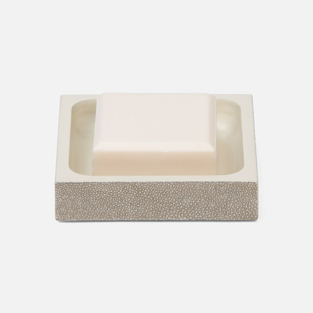 Pigeon & Poodle Manchester soap dish with ivory soap bar, taupe shagreen texture exterior.
