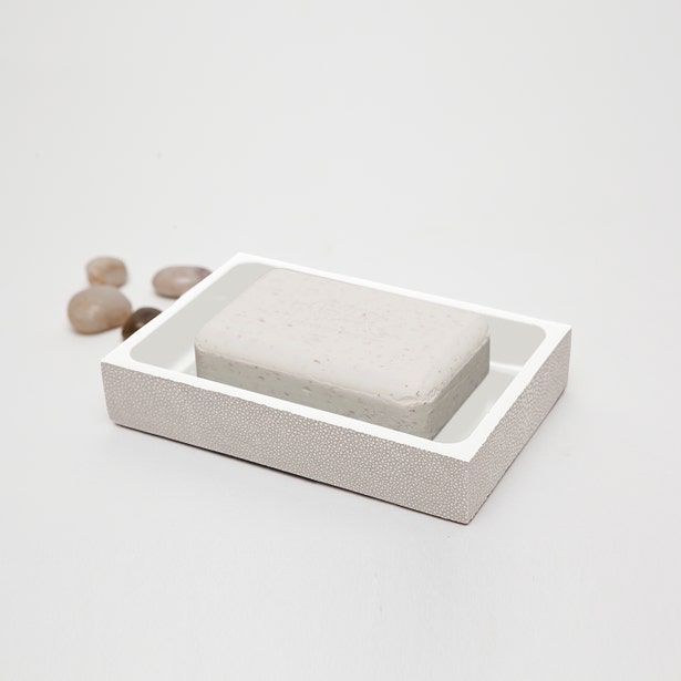 Pigeon & Poodle Manchester soap dish in grey shagreen texture, styled with a bar of soap.