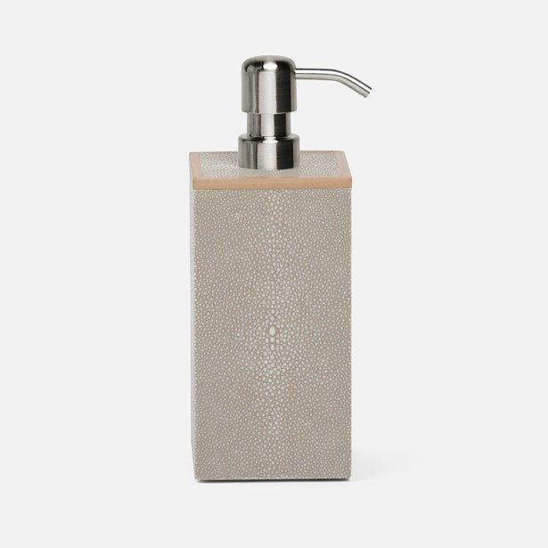 Pigeon & Poodle Manchester soap pump in taupe shagreen texture with polished nickel pump.
