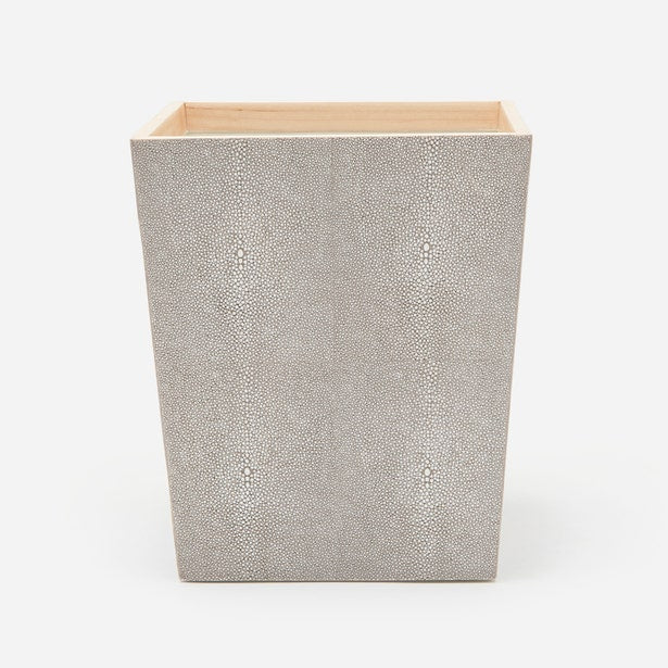 Pigeon & Poodle Manchester wastebasket in grey faux shagreen with natural wood interior rim.