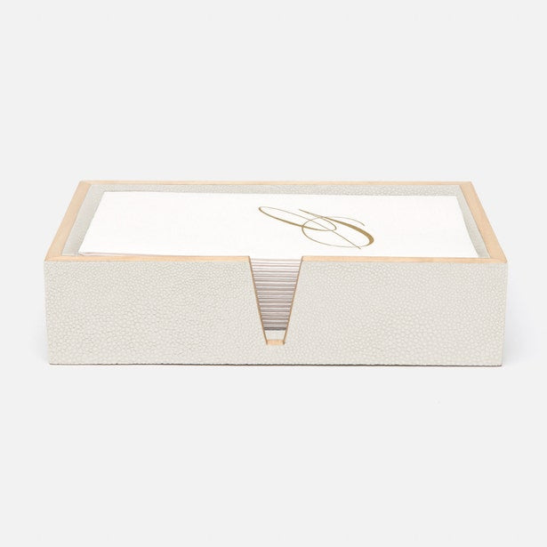 Pigeon & Poodle Manchester ivory shagreen-textured tray with stacked hand towels and gold monogram.