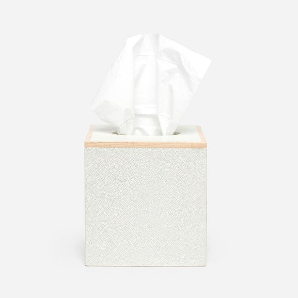 Pigeon & Poodle Manchester tissue box in ivory faux shagreen with natural wood trim, top view.