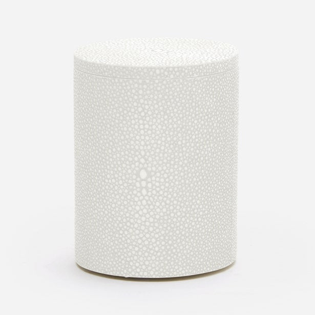 Close-up of Pigeon & Poodle Manchester bath canister in ivory shagreen texture pattern.