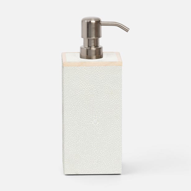 Pigeon & Poodle Manchester soap pump in ivory shagreen texture with brushed nickel pump top.