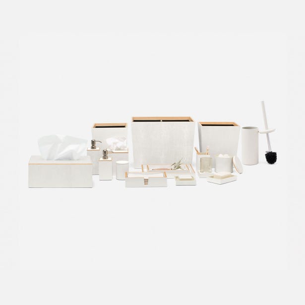 Pigeon & Poodle Manchester white bath accessories collection with natural wood trim accents.
