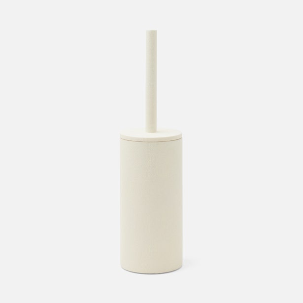 Pigeon & Poodle Manchester toilet brush holder in ivory, cylindrical form, side view.