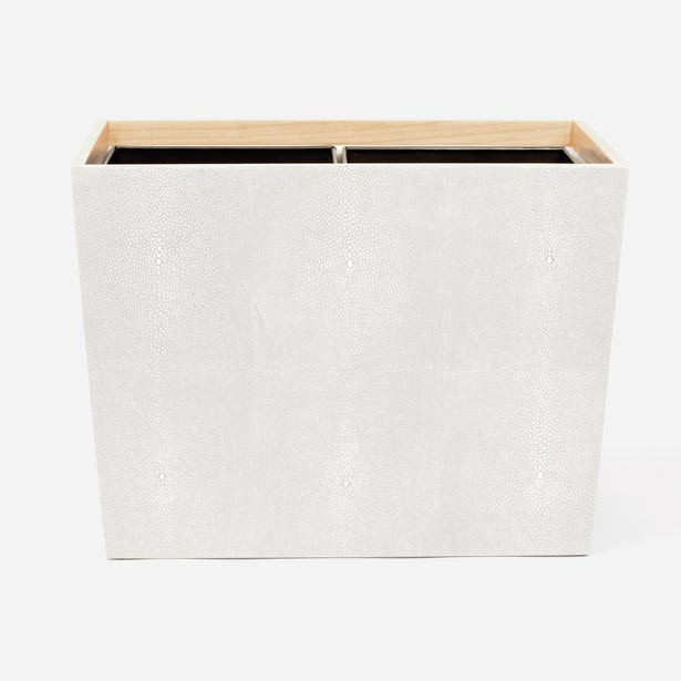 Pigeon & Poodle Manchester wastebasket in ivory shagreen texture with natural wood rim detail.