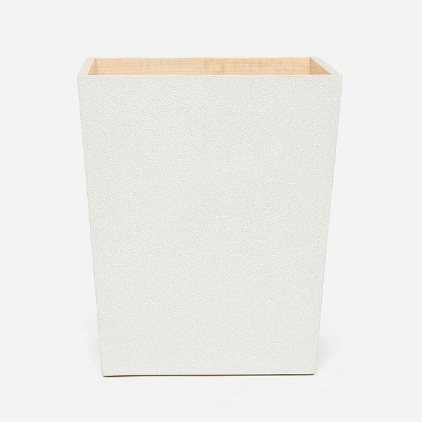 Pigeon & Poodle Manchester wastebasket in ivory shagreen texture with natural wood interior rim.