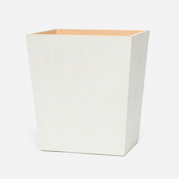 Pigeon & Poodle Manchester wastebasket in ivory shagreen texture with natural wood interior rim.