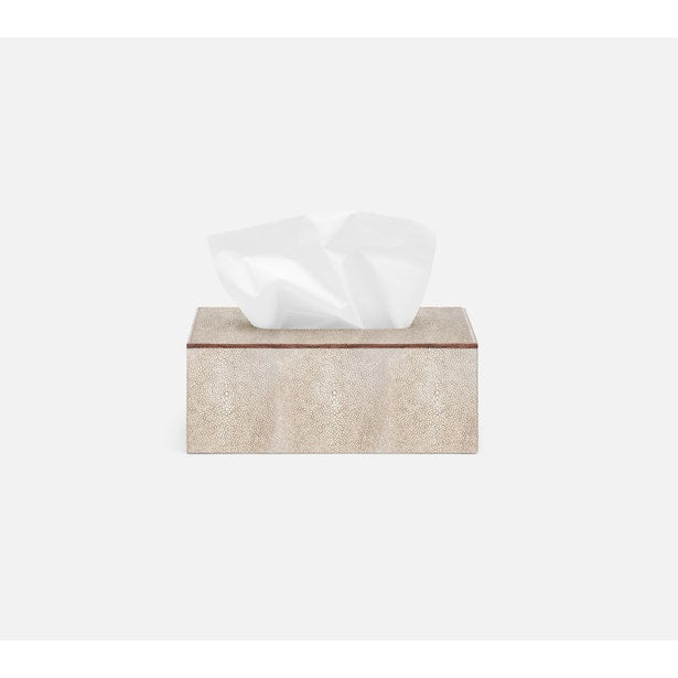 Angled view of Manchester tissue box in ivory shagreen texture with brown trim detail.