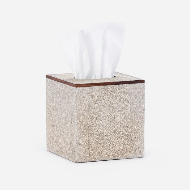 Ivory faux shagreen tissue box cover with walnut trim, tissue visible at top.