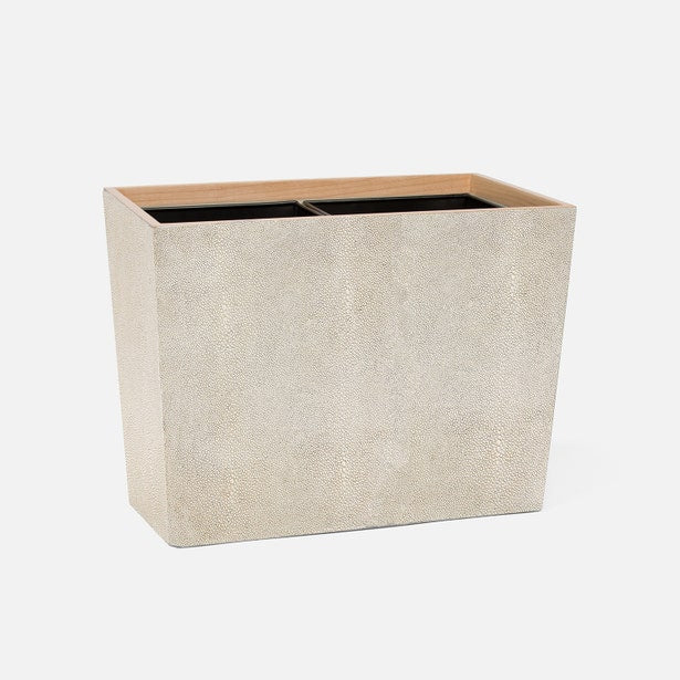 Pigeon & Poodle Manchester wastebasket in ivory shagreen texture with bamboo rim and dual compartments.