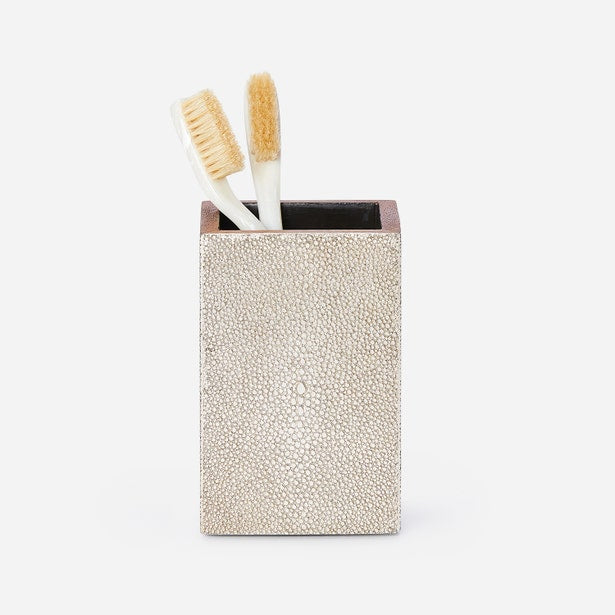 Pigeon & Poodle Manchester brush holder in ivory shagreen texture holding two toothbrushes.