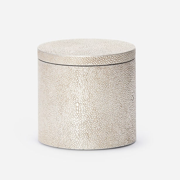 Close-up of Pigeon & Poodle Manchester bath canister in ivory shagreen texture with fitted lid.
