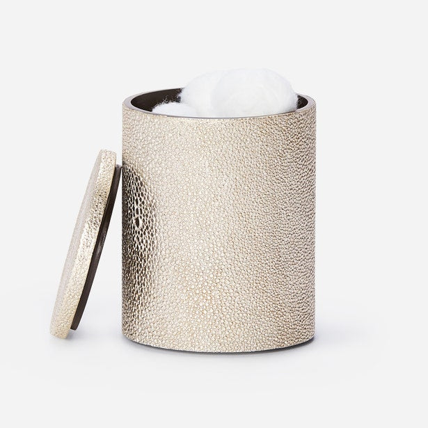 Pigeon & Poodle Manchester bath canister open, champagne shagreen texture with cotton balls inside.