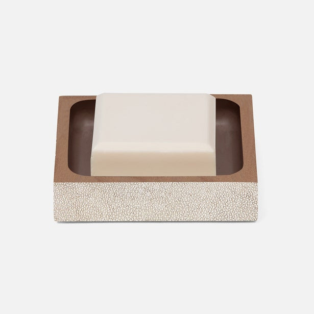 Pigeon & Poodle Manchester soap dish with ivory bar soap, taupe shagreen texture exterior.