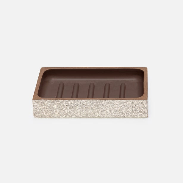 Pigeon & Poodle Manchester soap dish, ivory shagreen exterior with ridged chocolate interior.