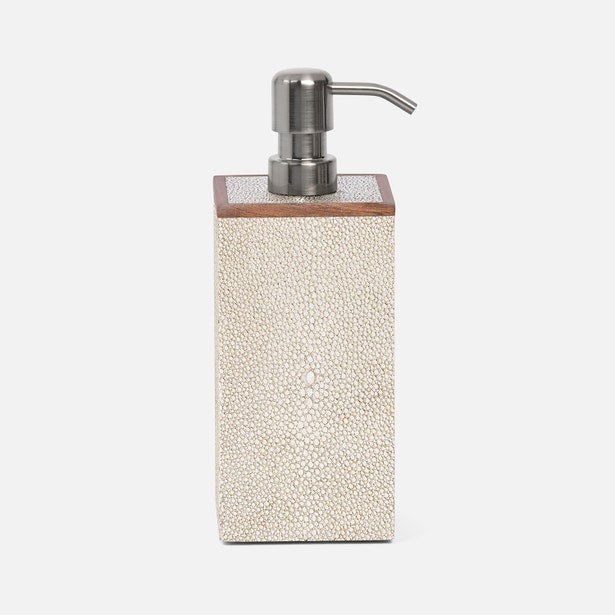 Pigeon & Poodle Manchester soap pump in ivory shagreen texture with walnut trim and brushed nickel pump.