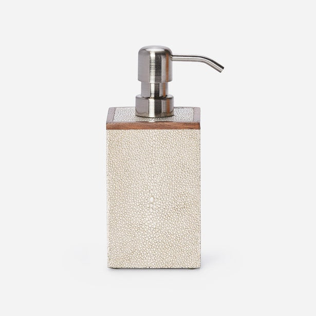 Pigeon & Poodle Manchester soap pump in ivory faux shagreen with walnut trim and steel pump.