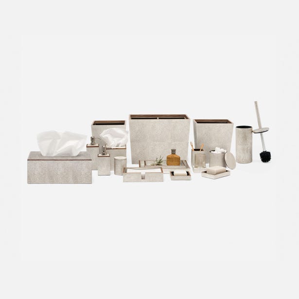 Pigeon & Poodle Manchester bath accessory collection in ivory shagreen with walnut trim.