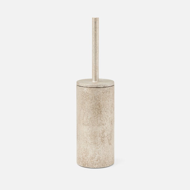 Pigeon & Poodle Manchester toilet brush holder in sandy beige textured resin, side view.